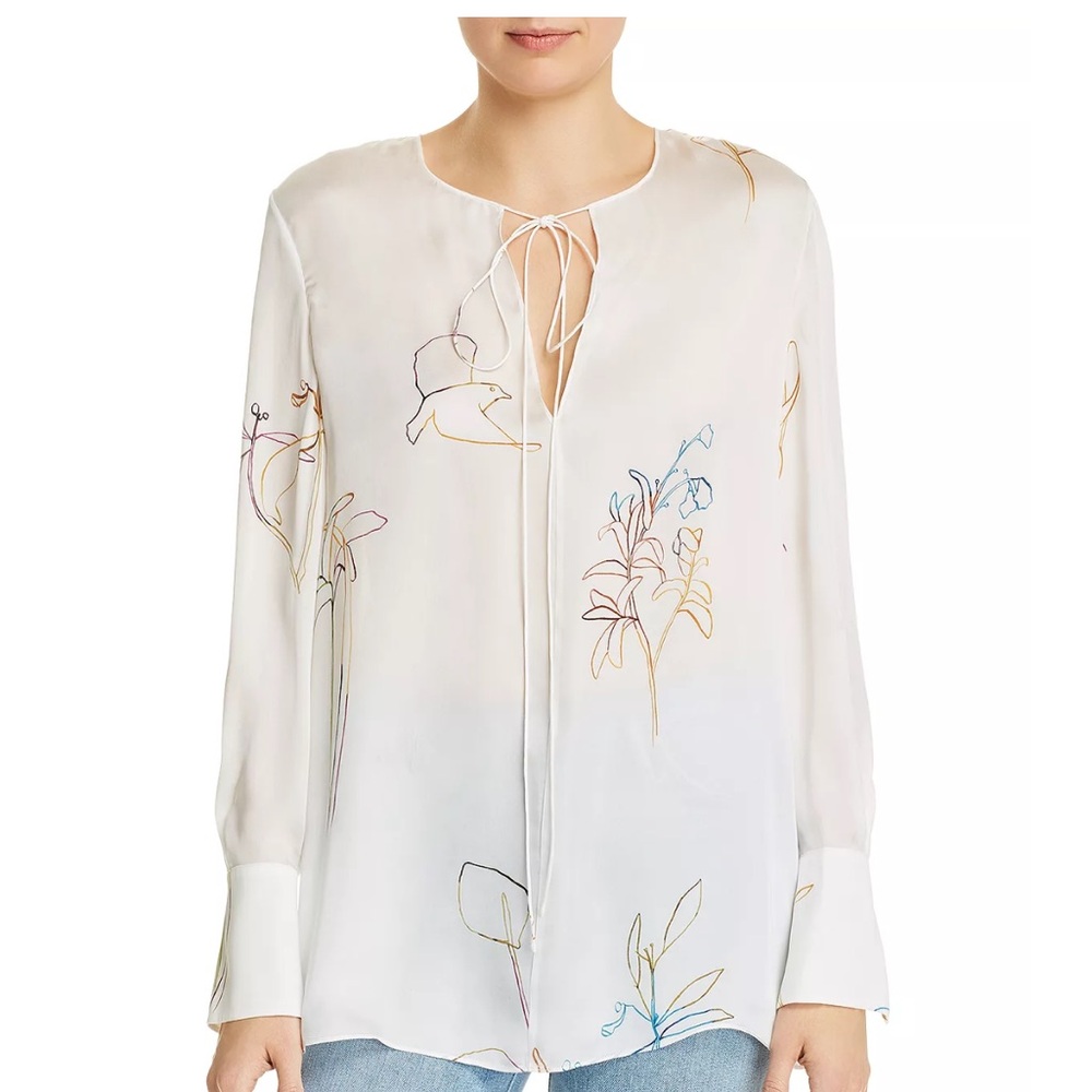 Theory Fluid Silk Tunic soft white with beautiful watercolor bird silhouettes S